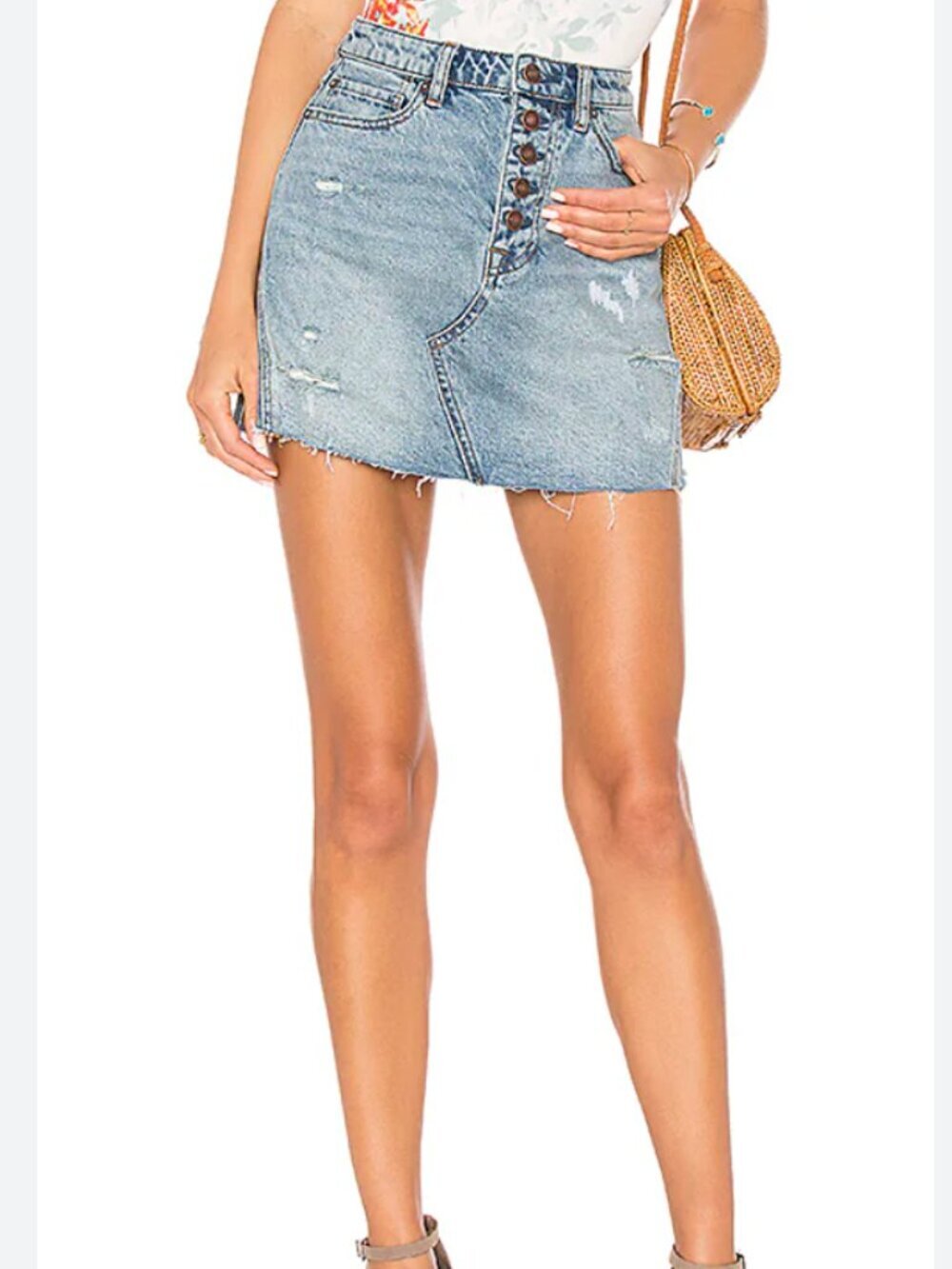 NWT We the Free People Size 28 Blue Distressed Denim A-Line Mini Skirt